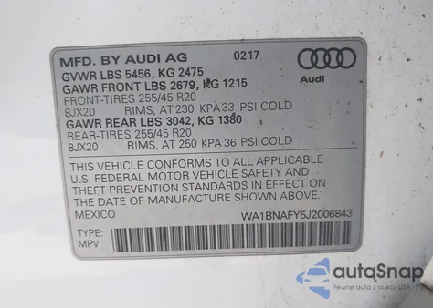 2018 Audi Q5 2.0T Premium/2.0T Tech Premium z USA, uszkodzony, nr VIN WA1BNAFY5J2006843